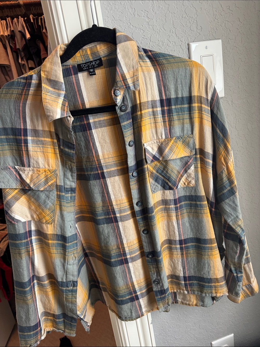 Topshop Yellow and Gray Plaid Button-Down Shirt